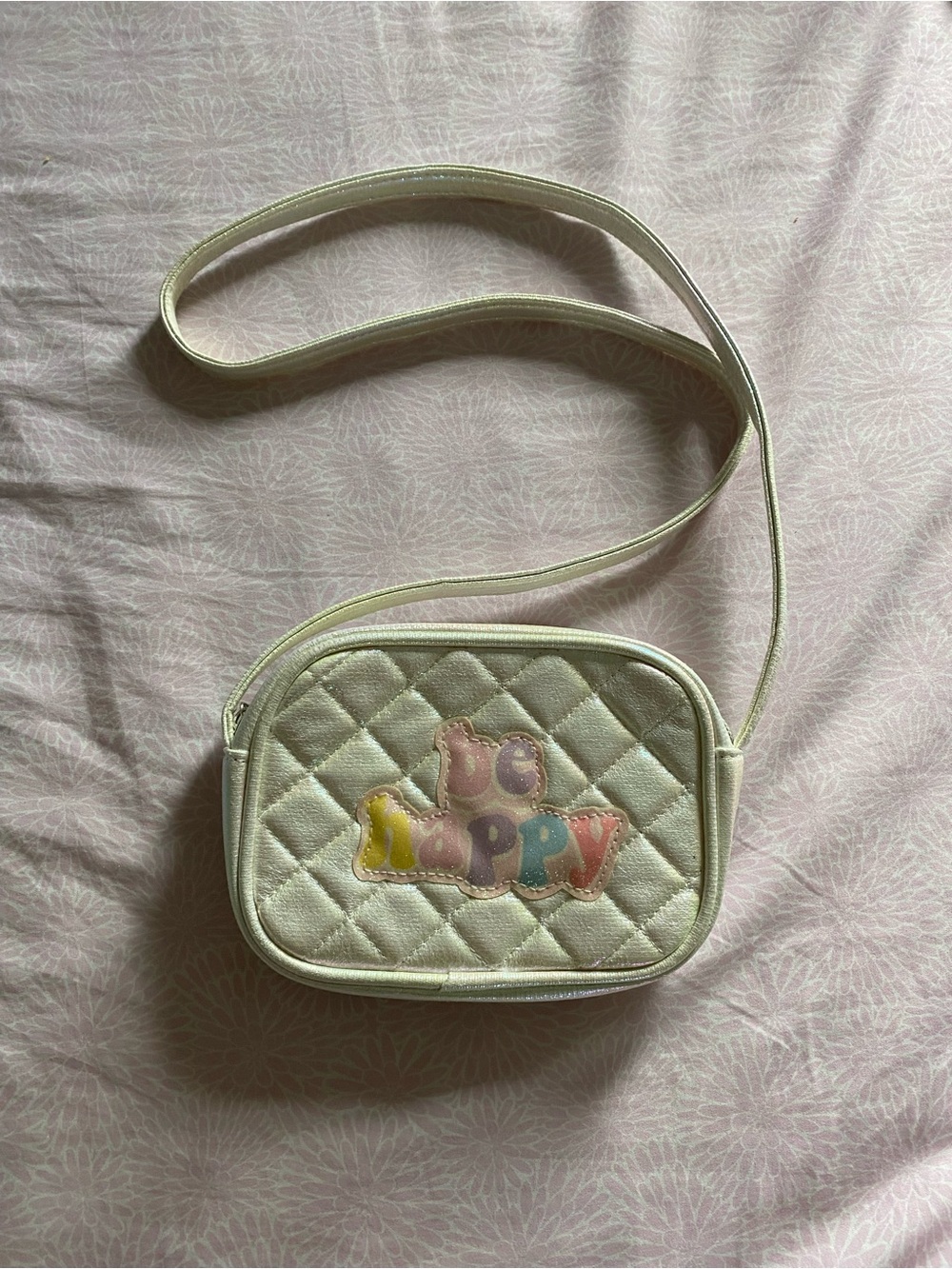 Cream Quilted Kids Crossbody Bag with Pastel HAPPY Applique
